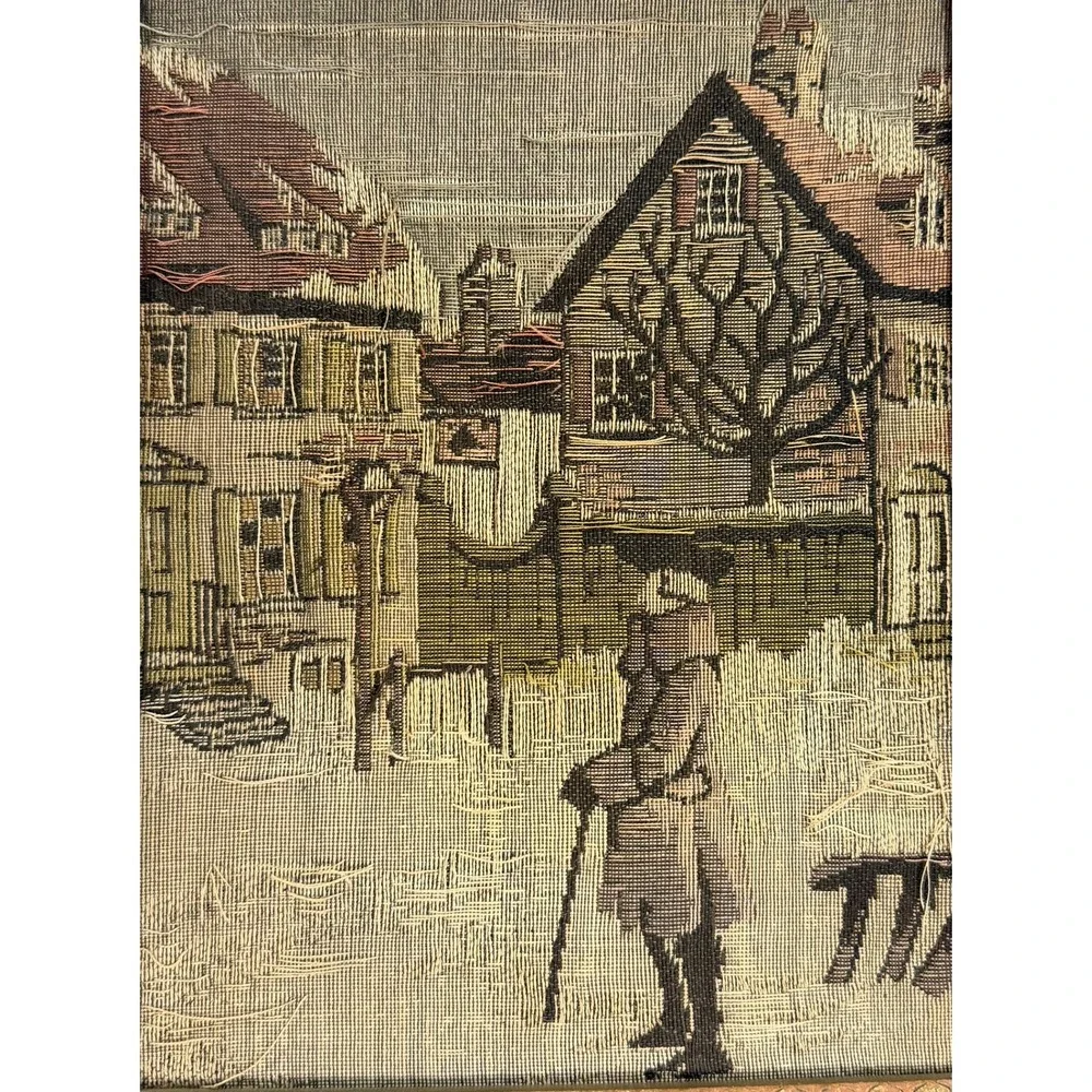 1920 Antique La France Art Company Jacquard Woven Tapestry Winter Village Scene